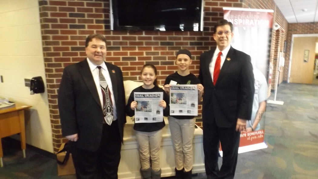 Coal Cracker reporters Joei and Emma Shaller met with Schuylkill County Commissioners Gary Hess and George Halcovage at the Schuylkill Youth Summit.