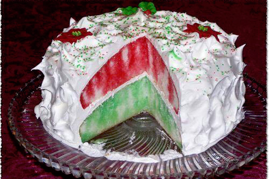 Photo of a red and green Jello cake.