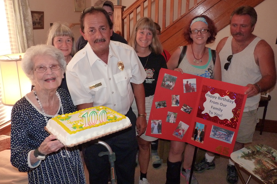 Photo of Maude Karwois of Girardville celebrating her 100th birthday.