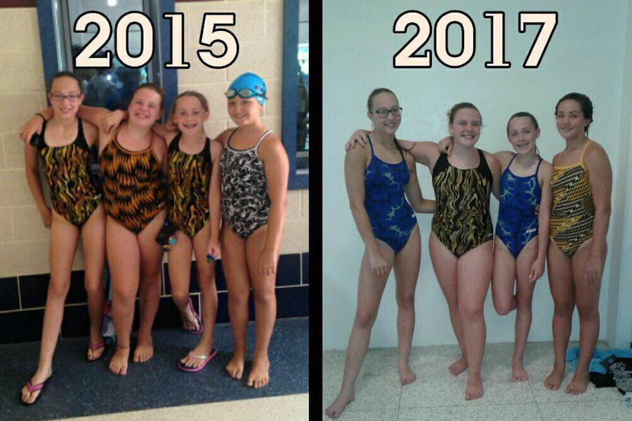 Photo of a swimming relay team that uses teamwork to compete.
